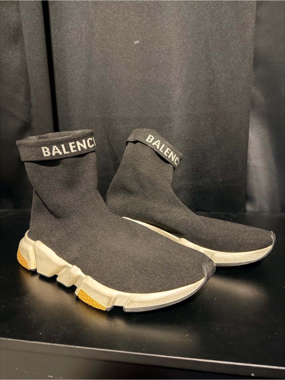 Balenciaga Black Sock-Style Men's Sneakers with Cream Sole and Yellow Accents